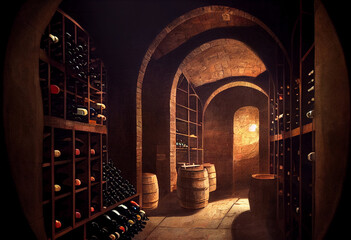 Wine cellar. Barrels and bottles of wine..