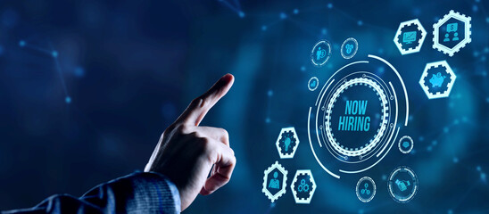 Internet, business, Technology and network concept.NOW HIRING inscription, modern technology business concept. 3d illustration.
