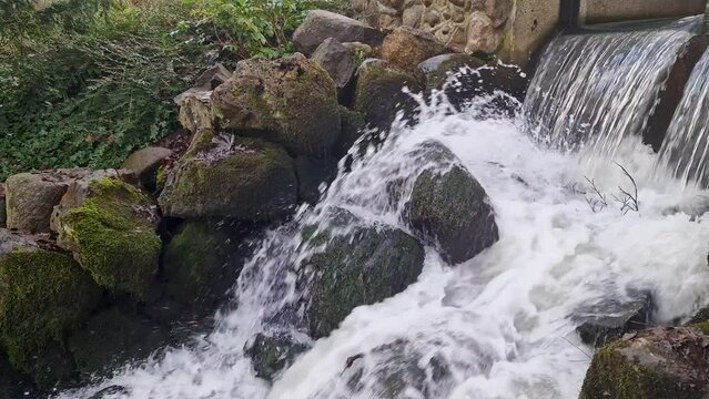 Waterfall close-up in park. River waterfall falls from cliff. natural sound