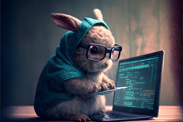 Programmer easter bunny on laptop - obrazy, fototapety, plakaty