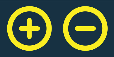 Fototapeta premium Round yellow icon of plus and minus symbol on dark blue background. Basic mathematical symbol. Business finance concept in vector.
