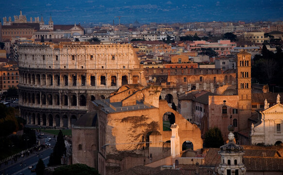The Colosseum and the Roman forum are seen from the roof patio of Rome's National Monument of Victor Emmanuel II