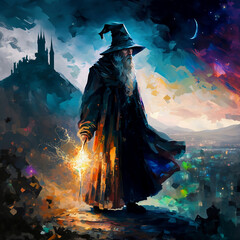 A wizard casting a spell from a hilltop, Generative AI