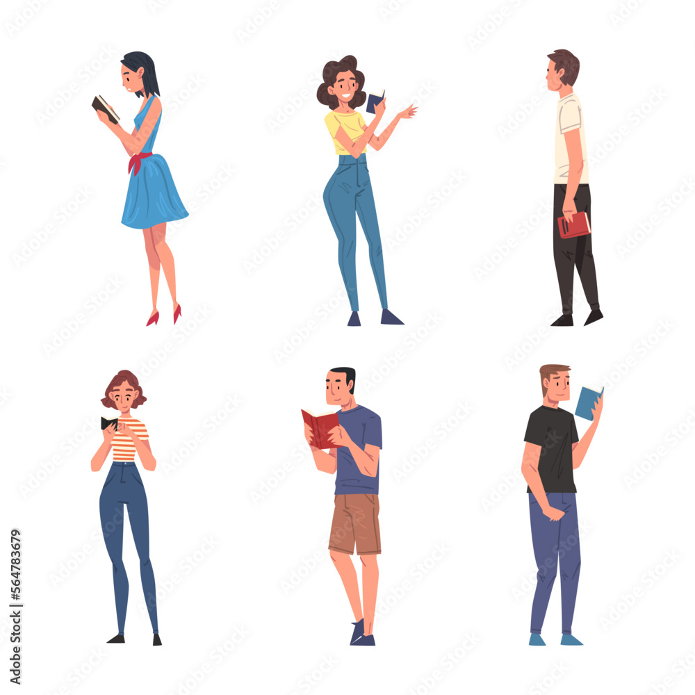 Poster people characters standing and reading book vector set