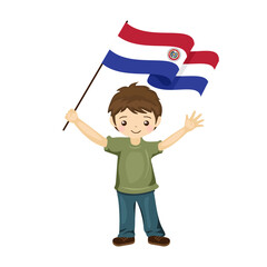 Boy with the flag of Paraguay, a beautiful little child holds the flag of Paraguay in his hand in flat style. vector illustration