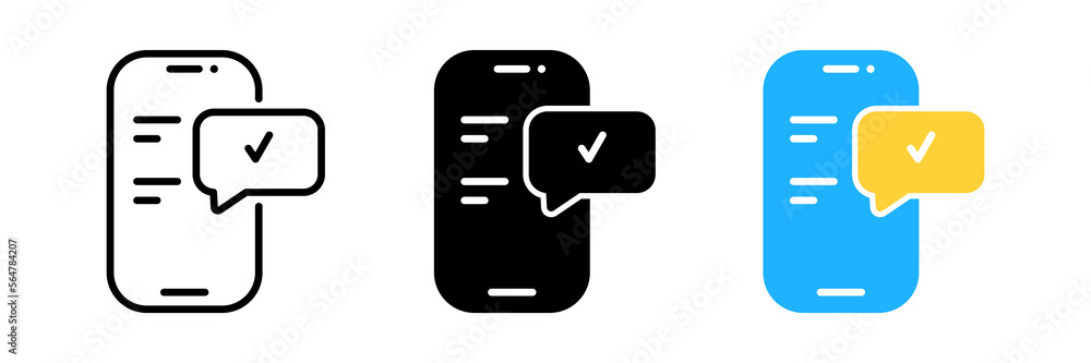 Poster icon of chatting message on mobile cell phone notice or notification set line outline art and flat c