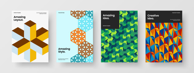 Bright front page design vector concept collection. Vivid mosaic hexagons leaflet illustration bundle.