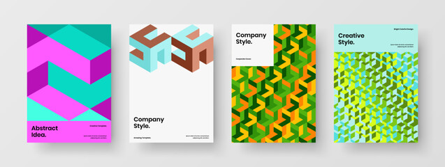 Trendy pamphlet vector design concept set. Multicolored geometric pattern handbill illustration collection.