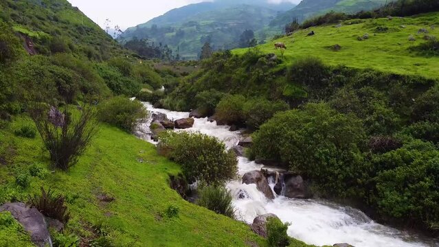 Unveiling Shot Of Stunning Streaming Waterfall Through Green Wild Nature, Obrajillo, Peru