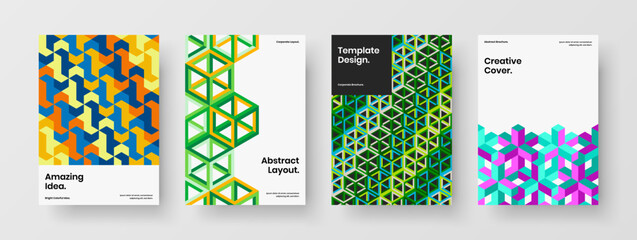 Fototapeta premium Bright geometric hexagons postcard concept composition. Premium book cover design vector template bundle.