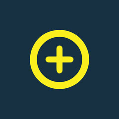 Obraz premium Round yellow icon of a plus symbol on dark blue background. Basic mathematical symbol. Calculator button icon. Business finance concept in vector.
