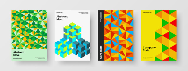 Colorful company identity A4 vector design concept bundle. Clean geometric hexagons brochure illustration set.
