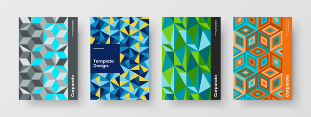 Unique geometric tiles corporate identity template bundle. Isolated annual report vector design layout collection.