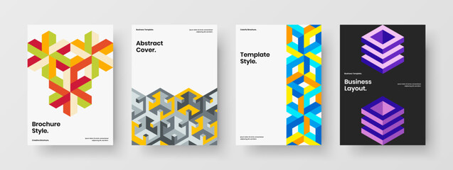 Minimalistic mosaic pattern booklet layout set. Vivid corporate brochure A4 design vector template collection.
