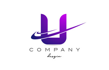 U purple alphabet letter logo with double swoosh. Corporate creative template design for business and company