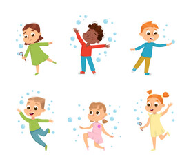 Cute Boys and Girls Blowing Soap Bubbles Having Fun Vector Set
