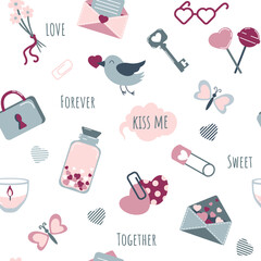Seamless pattern for Valentines Day in a romantic style. Vector pattern with colored elements symbols of love and romance. Background for use in design