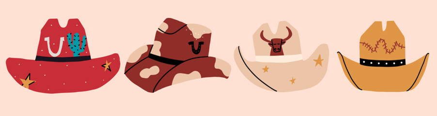 Set of cowboy hats with different ornaments, cactus, horseshoe, stars. Vector hand drawn illustration - obrazy, fototapety, plakaty