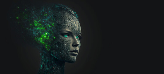 Artificial Intelligence, Synthetic girl with a digital brain. Neural Link. AI