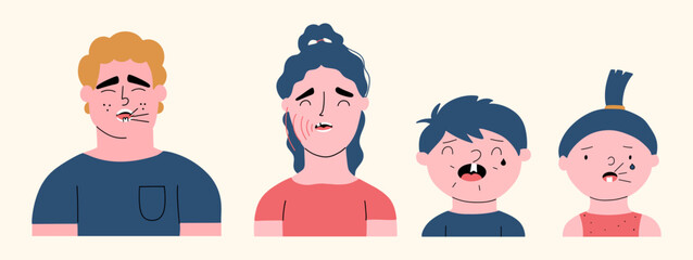 Set of people of different ages with toothache. Boy and girl with a cracked first milk tooth. Vector hand drawn illustration