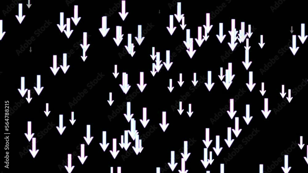 Poster arrow sign symbol animation on black background. rain of cartoon arrow pointing down or moving down.