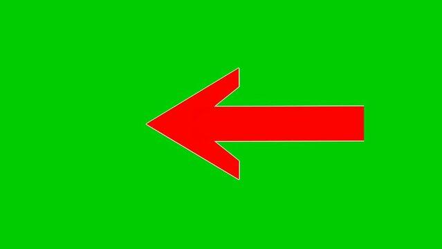 Arrow sign symbol animation on green screen, red color cartoon arrow pointing left 4K animated image video overlay elements