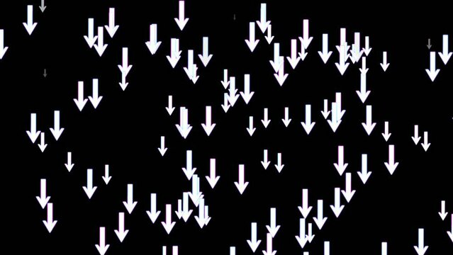 Arrow sign symbol animation on black background. Rain of cartoon arrow pointing down or moving down. 4K animated image video overlay elements