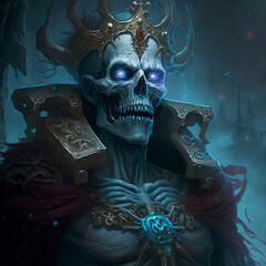 The imperator lich, his eyes glowing with magic, he is wearing a crown and a red cape, illustration, Generative AI