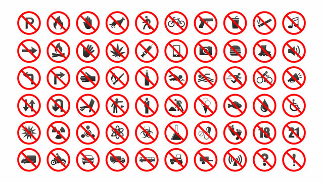 Red prohibition sign set. Forbidden signs collection