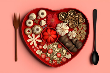 Obraz na płótnie Canvas heart plate with chocolates, strawberries and cookies. Sant valentine's day. Generative AI