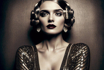 Portrait of beautiful elegant woman, Art Deco retro style. AI generated image