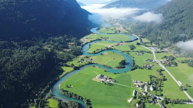 Stryn river in Norway from above. Drone footage 