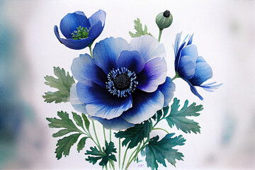 beautiful painted bouquet of blue anemones