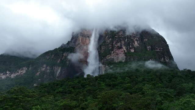 Drone view of Angel Falls which is the world's tallest waterfall. Canaima, Venezuela.