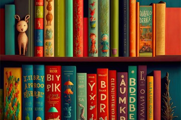 A lot of colorful childrens books standing on the public library, created with Generative AI technology