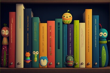 A lot of colorful childrens books standing on the public library, created with Generative AI technology