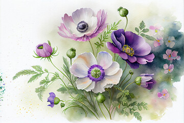beautiful painted bouquet of purple anemones
