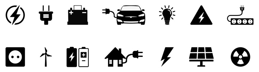 Electricity icon set. Collection of green energy icons. Icons for renewable energy, green technology. Flat style icon. Environmental sustainability simple symbol - stock vector.