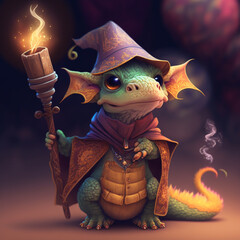 Dragon dressed as a wizard, elegant and majestic. Wise and calm expression, ready to use its magical powers to protect and help. Smart and imposing, inspires respect and admiration.