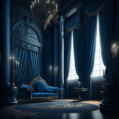 Empty royal blue room with 5 stately columns. Elegant and sophisticated environment, perfect for a highly imposing introduction.
