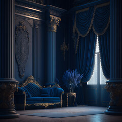 Empty royal blue room with 5 stately columns. Elegant and sophisticated environment, perfect for a highly imposing introduction.