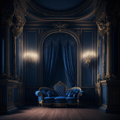 Empty royal blue room with 5 stately columns. Elegant and sophisticated environment, perfect for a highly imposing introduction.