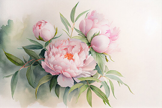 beautiful painted bouquet of pale pink peonies