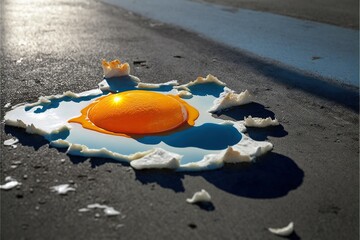 Obraz premium Fried eggs are fried on the asphalt of a city street, hot weather, climate change, climate warming, created with Generative AI technology
