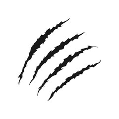Scratch claws mark icon. Trace of wild animal, monster or dinosaur talons. Sharp torn edges texture isolated on white background. Scary horror symbol. Laceration print. Vector graphic illustration