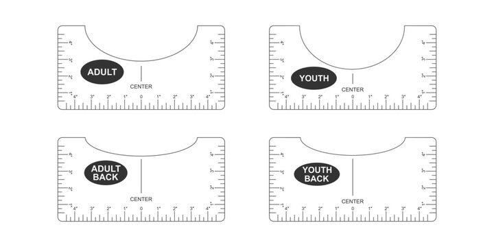 Set of t shirt alignment guides. Adult and youth size front and back templates. Rulers for centering clothing design. Sewing measurement tool with markup and inches numbers for print and cut.