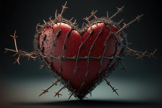 Heart covered with barbed wire, created with Generative AI technology