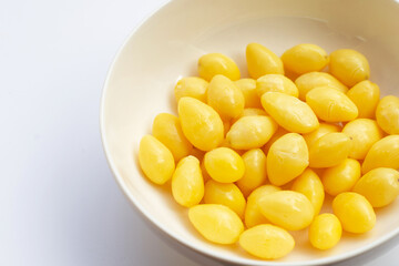 Boiled ginkgo nuts on white background.