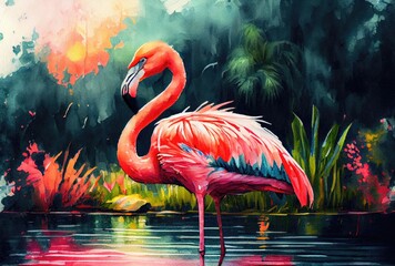 flamingo in water colors stands in the water