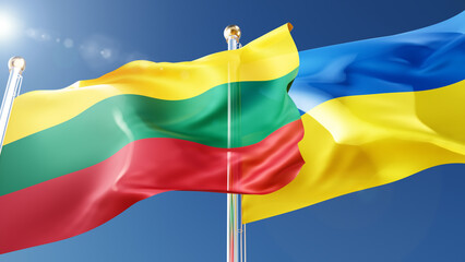 ukraine and lithuania flags waving in the wind against a blue sky. ukrainian, lithuanian national symbols 3d rendering